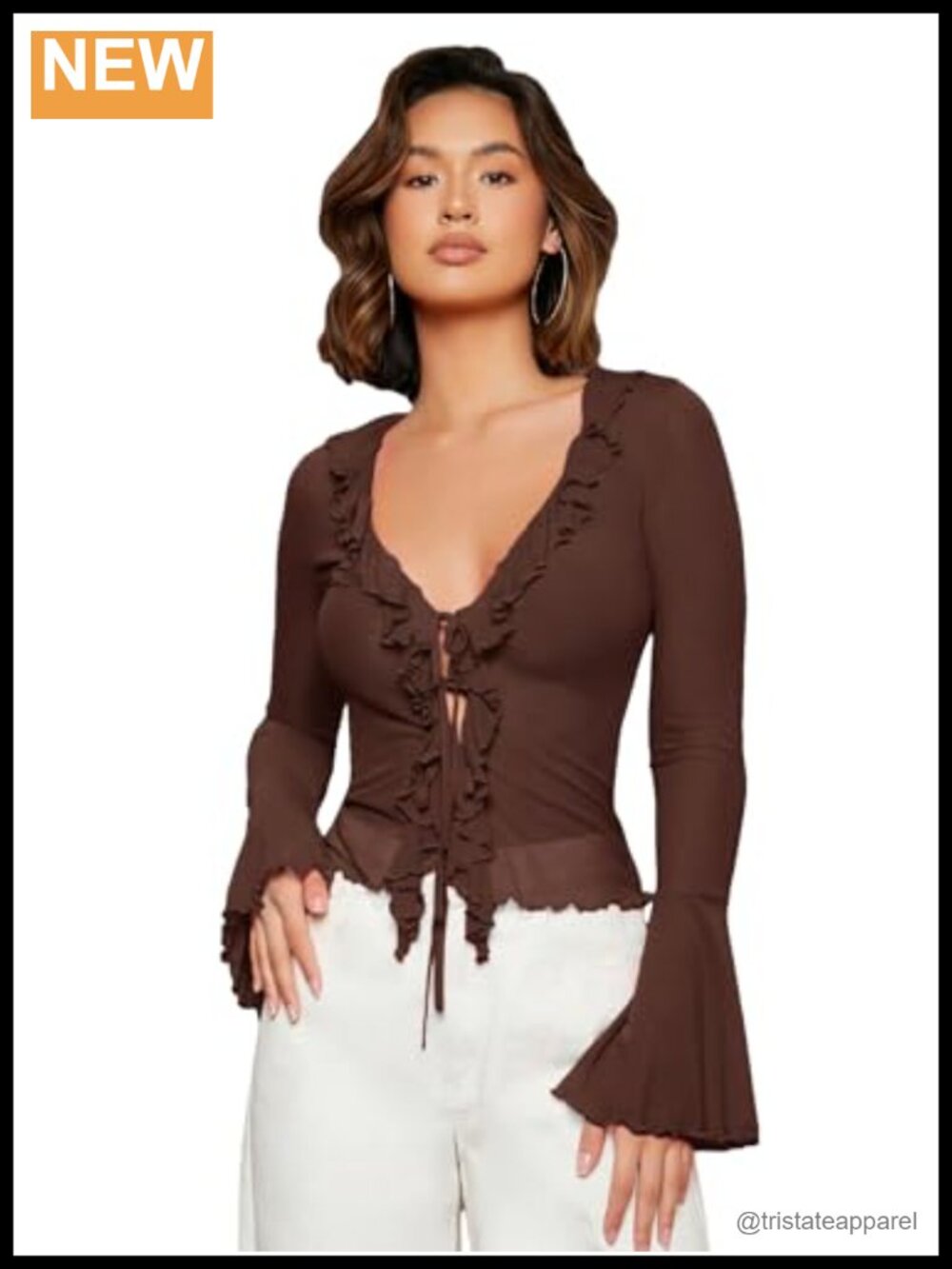 Women Sheer Mesh Bell Sleeve Tie Front Crop Blouse Ruffle V-Neck